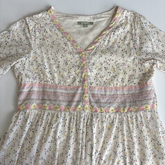 Avaasa Ivory Floral w/metallic A-line Flared Kurta Maxi Dress 3/4 Sleeves Sz L - Picture 2 of 10